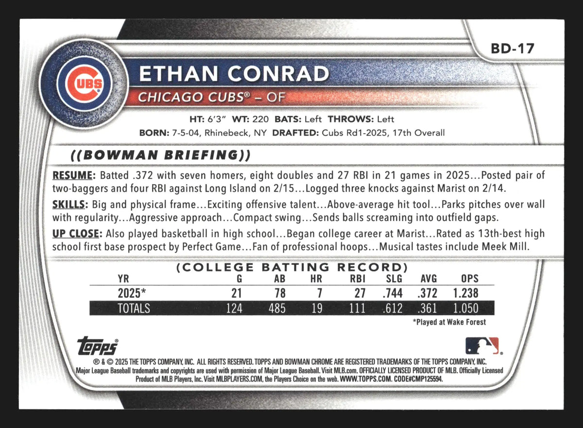 2025 Bowman Draft Ethan Conrad #BD-17 1st Bowman Paper Cubs - Baseball Card Single