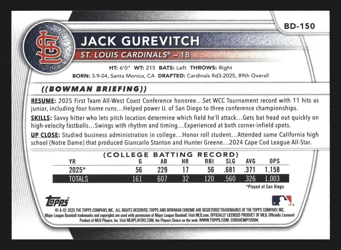 2025 Bowman Draft Jack Gurevitch #BD-150 RC St. Louis Cardinals - Baseball Card Single