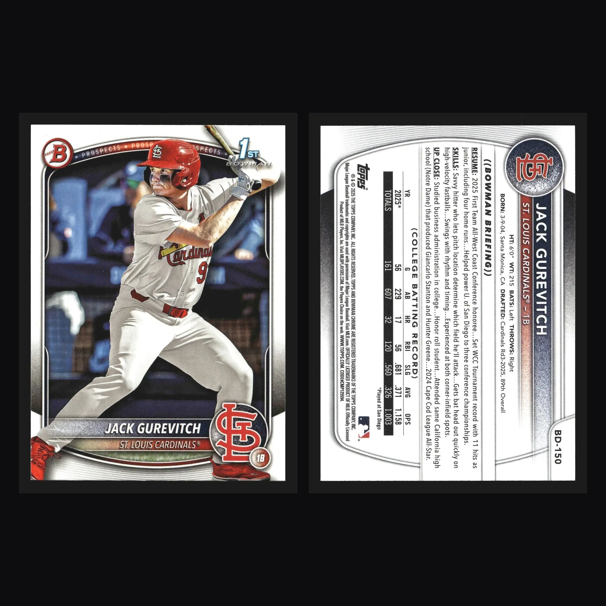 2025 Bowman Draft Jack Gurevitch #BD-150 RC St. Louis Cardinals - Baseball Card Single