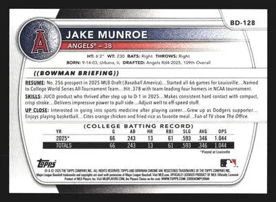 2025 Bowman Draft Jake Munroe #BD-128 1st Bowman Angels - Baseball Card Single