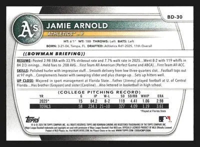 2025 Bowman Draft Jamie Arnold #BD-30 1st Bowman Athletics - Baseball Card Single