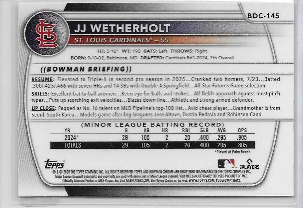 2025 Bowman Draft JJ Wetherholt Laser Refractor RC #BDC-145 Cardinals (1377) - Baseball Card Single