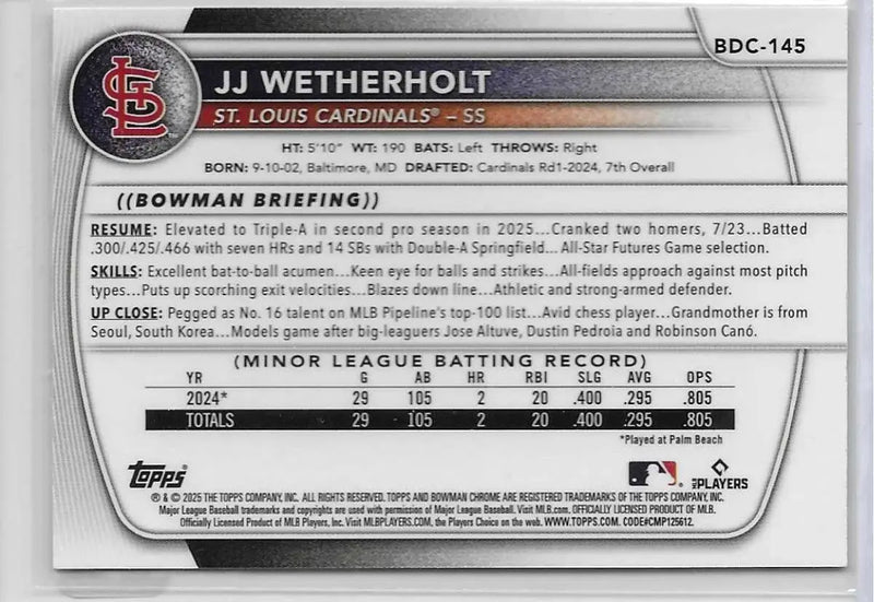 2025 Bowman Draft JJ Wetherholt Laser Refractor RC #BDC-145 Cardinals (1377) - Baseball Card Single