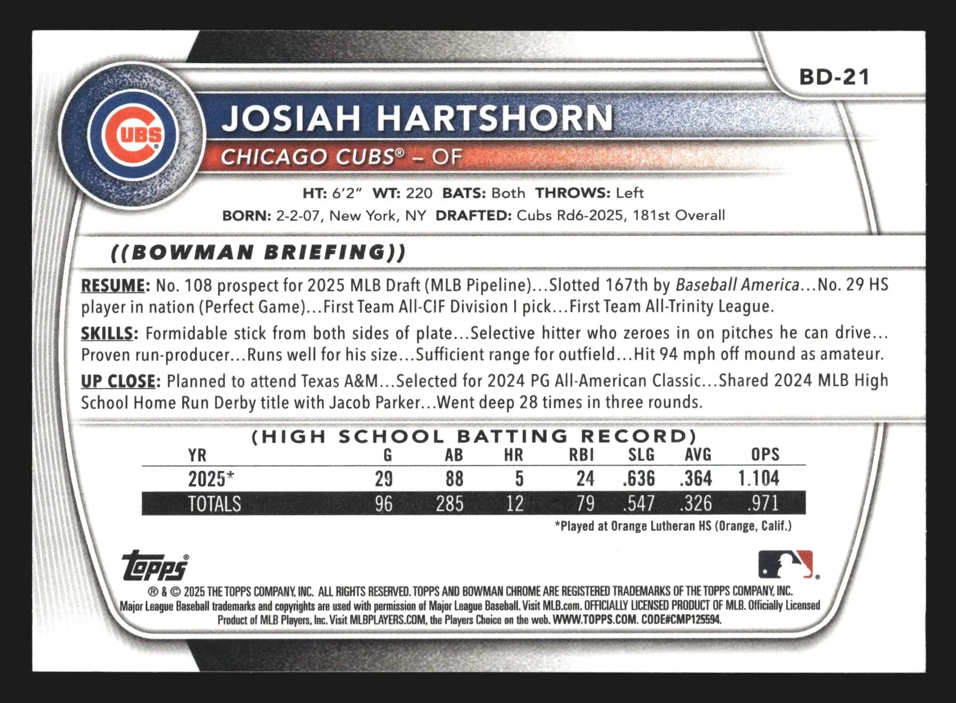 2025 Bowman Draft Josiah Hartshorn #BD-21 1st Bowman Chicago Cubs - Baseball Card Single