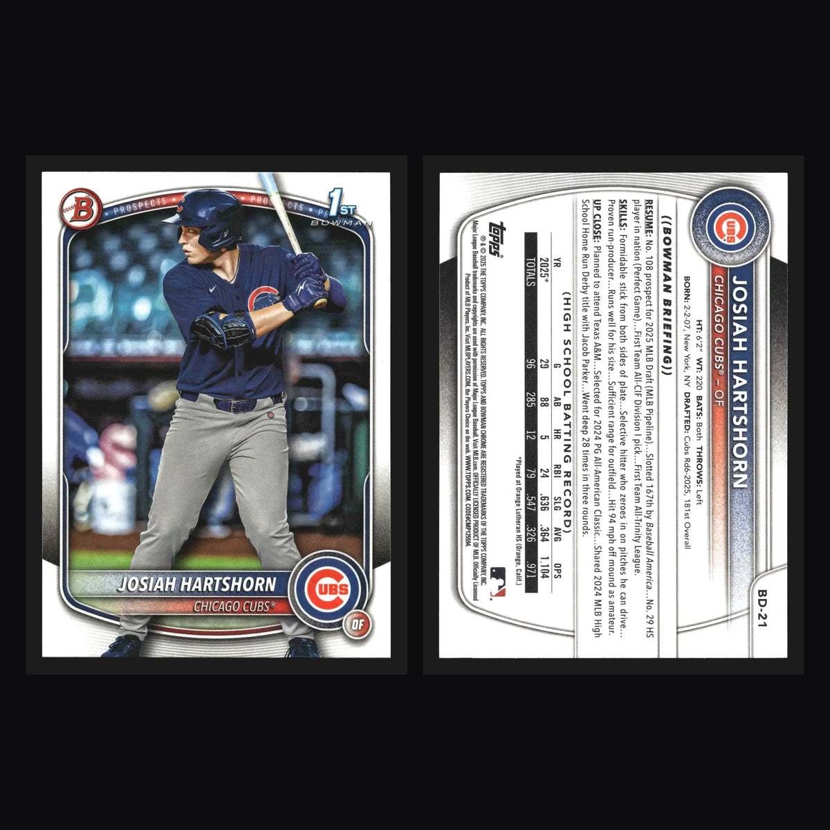 2025 Bowman Draft Josiah Hartshorn #BD-21 1st Bowman Chicago Cubs - Baseball Card Single