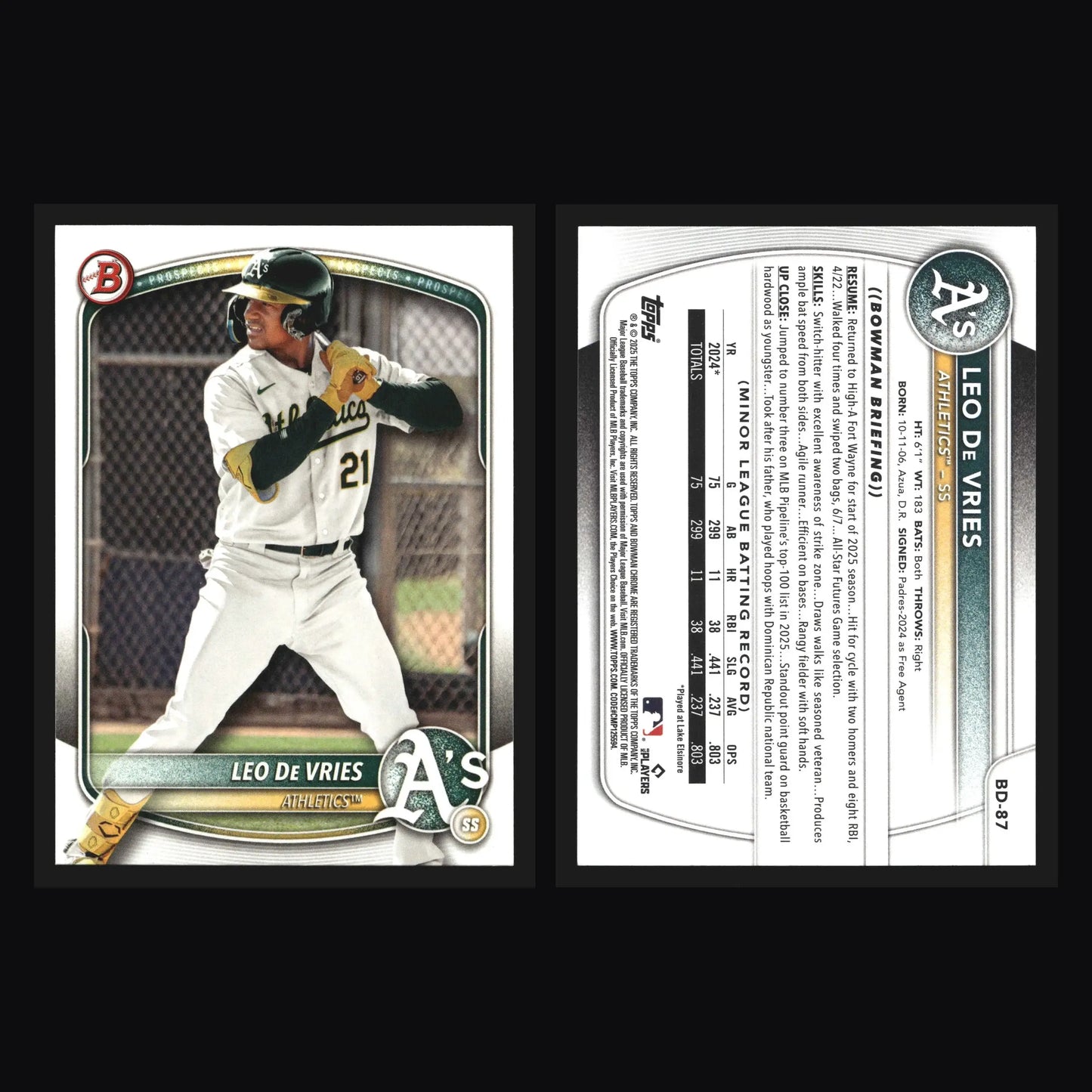 2025 Bowman Draft Leo De Vries #BD-87 Athletics - Baseball Card Single