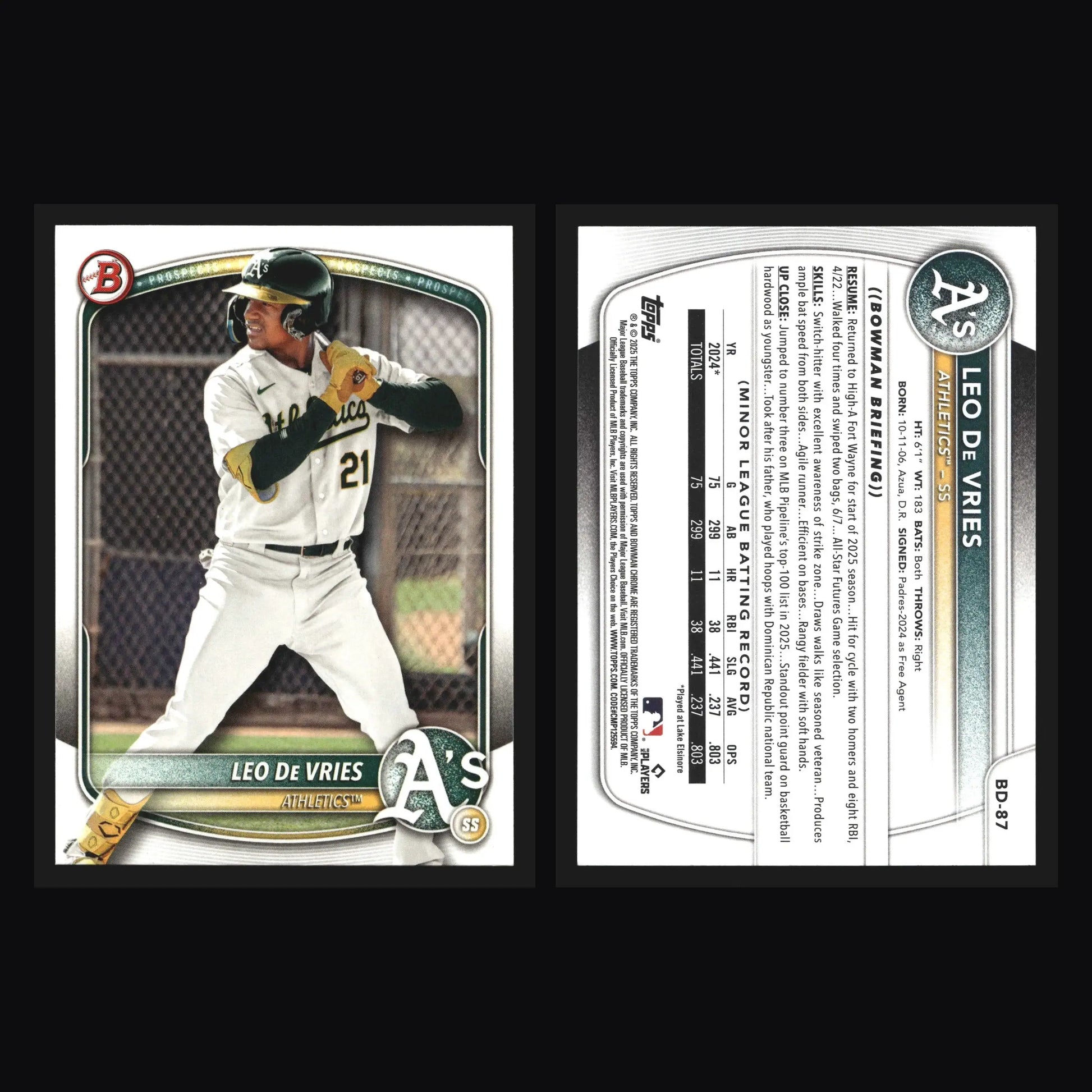 2025 Bowman Draft Leo De Vries #BD-87 Athletics - Baseball Card Single