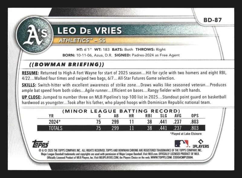 2025 Bowman Draft Leo De Vries #BD-87 Athletics - Baseball Card Single
