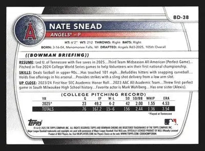 2025 Bowman Draft Nate Snead #BD-38 Angels 1st Bowman - Baseball Card Single