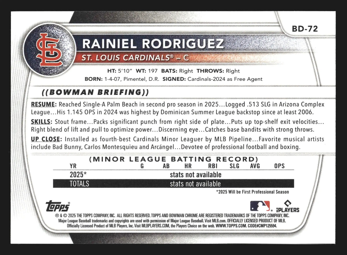2025 Bowman Draft Rainiel Rodriguez #BD-72 1st Bowman Cardinals - Baseball Card Single