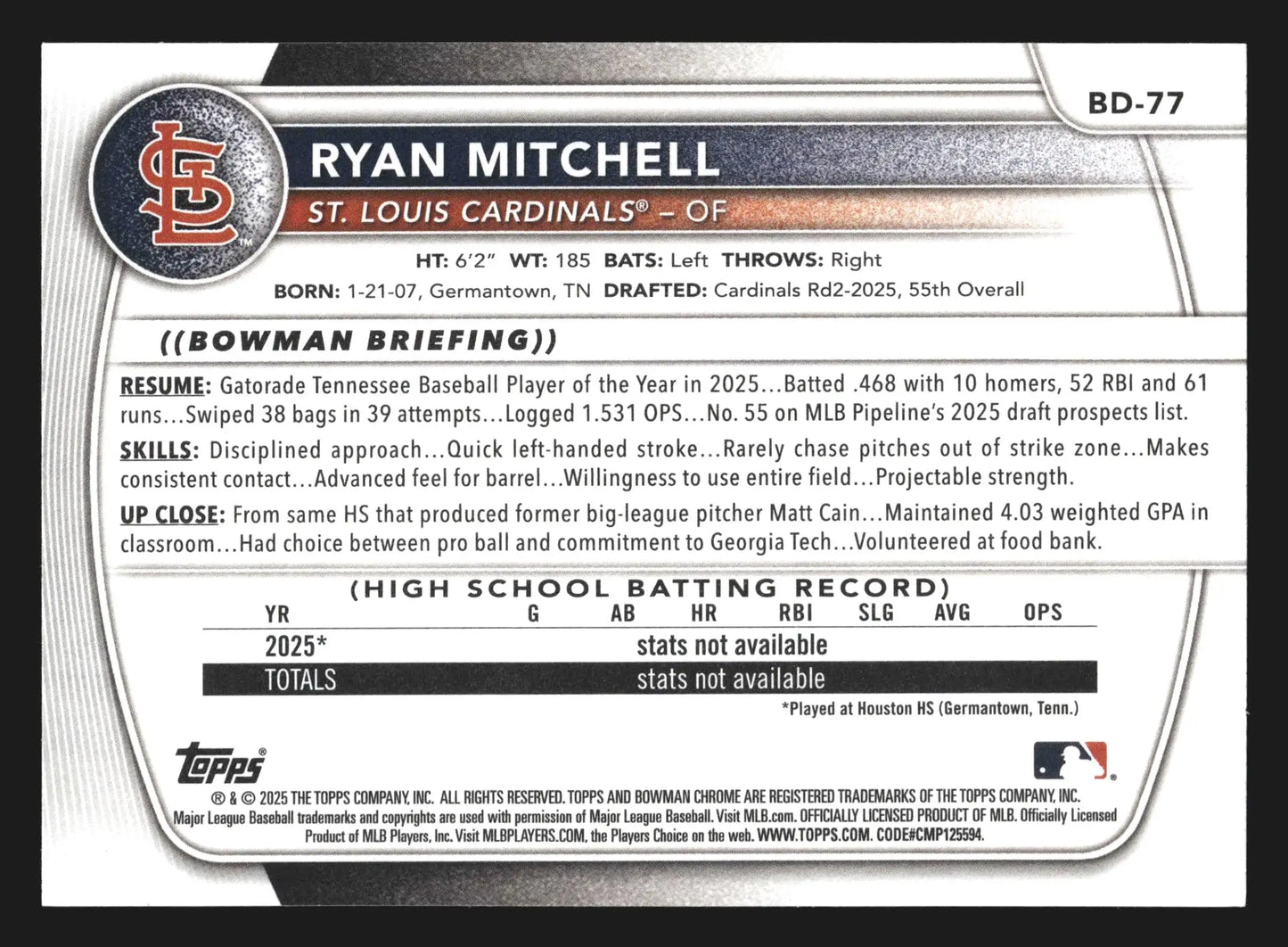 2025 Bowman Draft Ryan Mitchell #BD-77 1st Bowman St. Louis Cardinals - Baseball Card Single