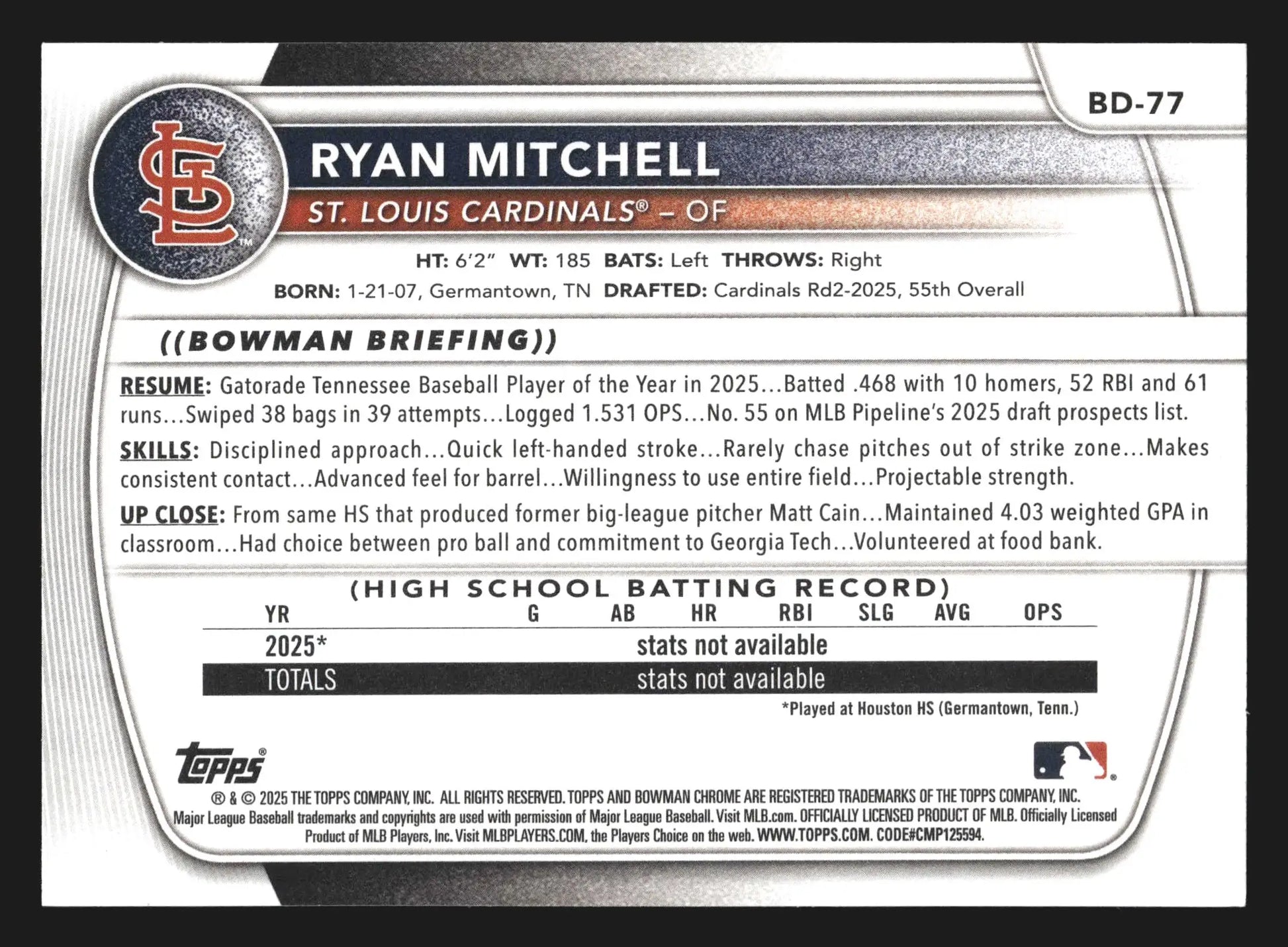 2025 Bowman Draft Ryan Mitchell #BD-77 1st Bowman St. Louis Cardinals - Baseball Card Single