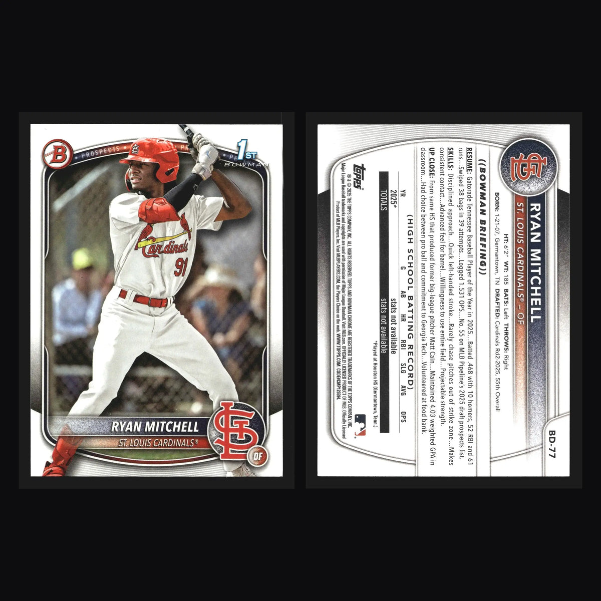 2025 Bowman Draft Ryan Mitchell #BD-77 1st Bowman St. Louis Cardinals - Baseball Card Single
