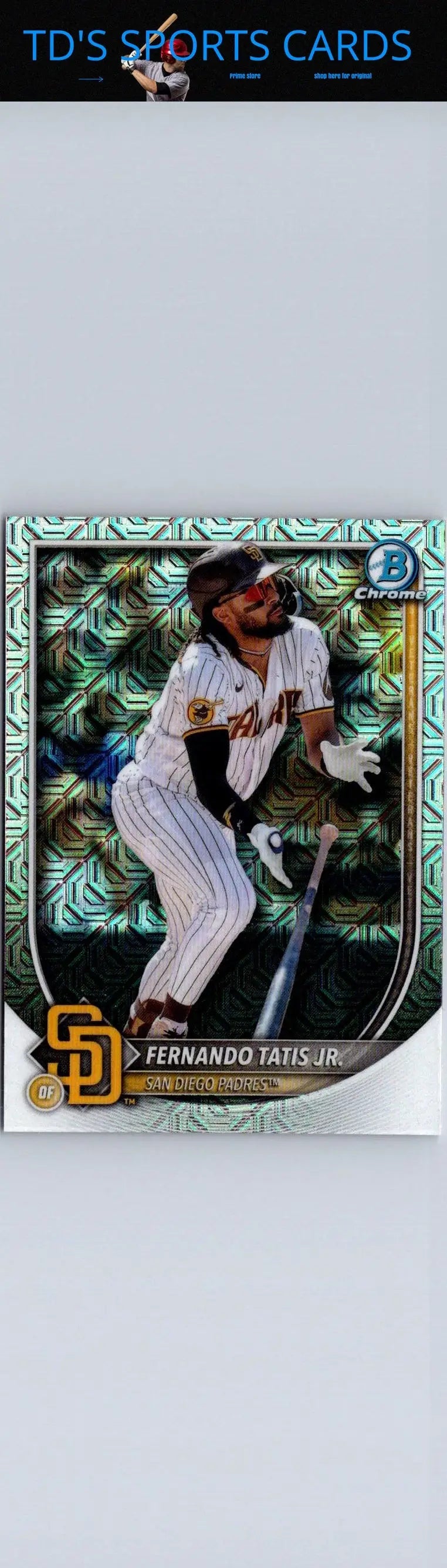 2025 Bowman Fernando Tatis Jr Mojo Refractor baseball card displayed in product
