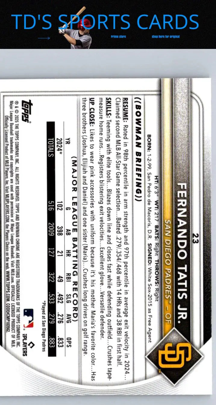 2025 Bowman Fernando Tatis Jr Mojo Refractor baseball card displayed in product listing