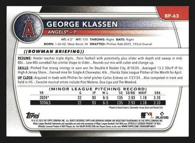 2025 Bowman George Klassen #BP-63 1st Bowman Prospect Angels - Baseball Card Single