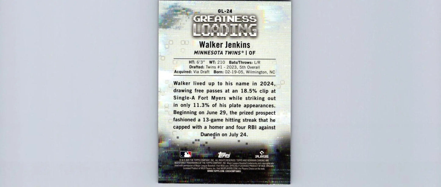 Baseball card back from 2025 Bowman Walker Jenkins Greatness Loading set