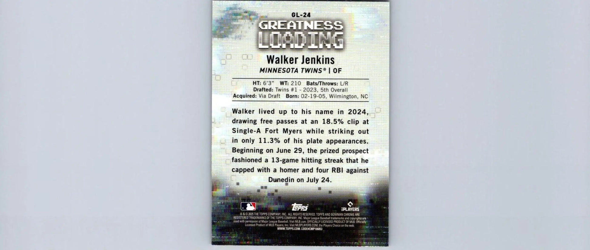 Baseball card back from 2025 Bowman Walker Jenkins Greatness Loading set