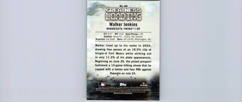Baseball card back from 2025 Bowman Walker Jenkins Greatness Loading set