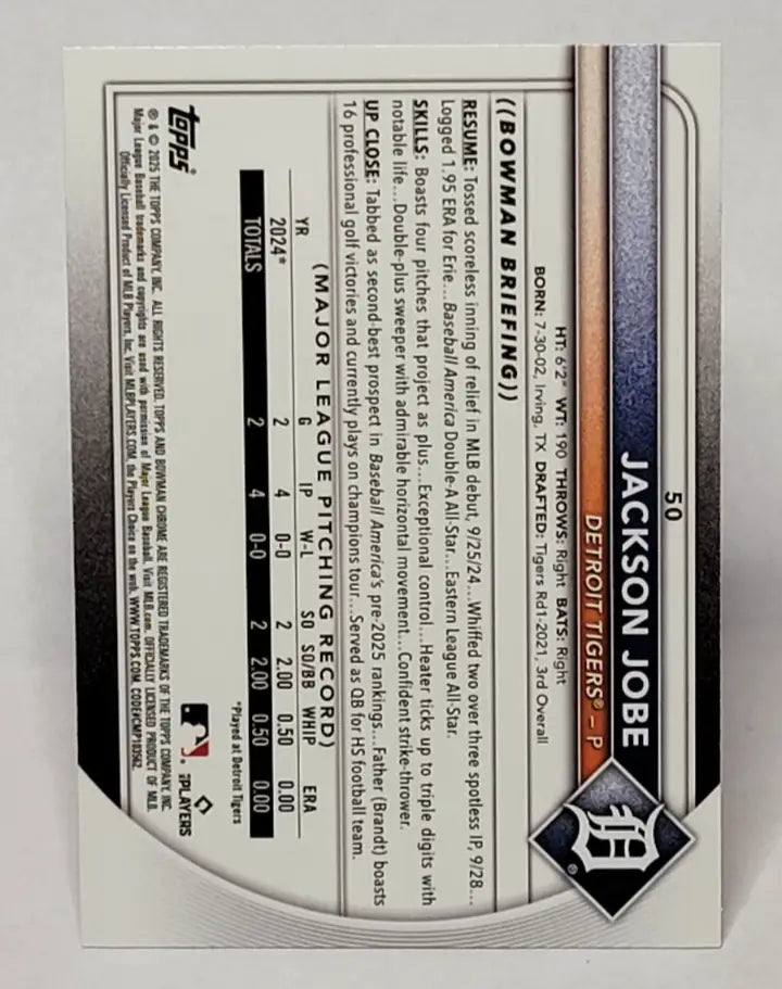 Baseball card back featuring Detroit Tigers Bowman Jackson Jobe rookie from Jackson Jobe Mega Box