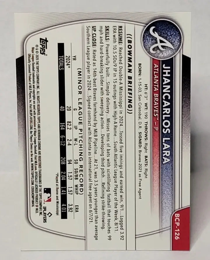 Baseball card back featuring Jhancarlos Lara Lava Refractor /399 from 2025 Bowman