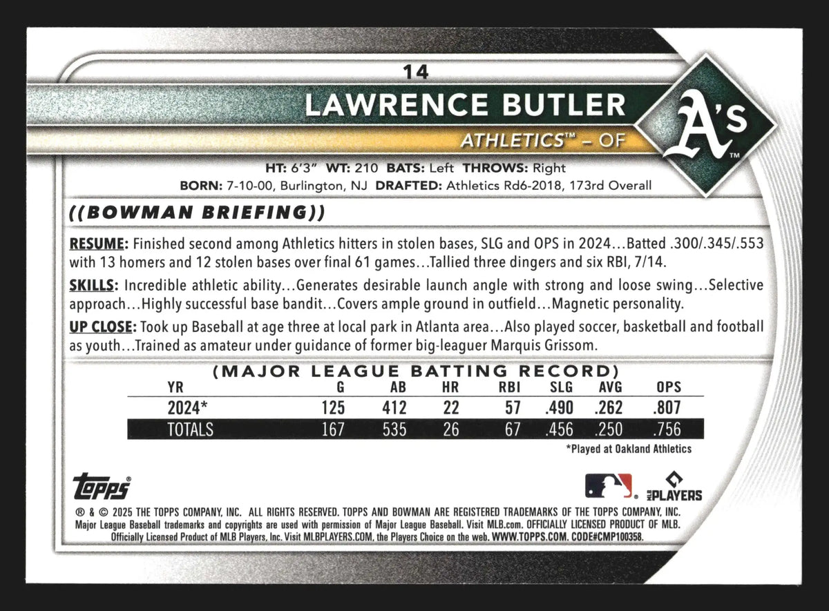 2025 Bowman Lawrence Butler #14 Athletics - Baseball Card Single