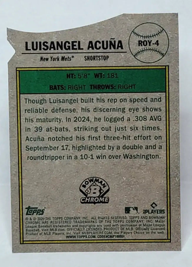 2025 Bowman LUISANGEL ACUNA Chrome Rookie Of The Year Favorites RC #ROY-4 Mets - Baseball Card Single