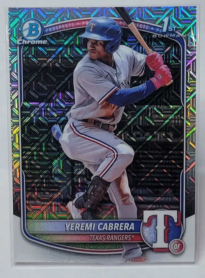 2023 Bowman Chrome Yeremi Cabrera mojo refractor baseball card in Rangers uniform from Bowman Mega Box