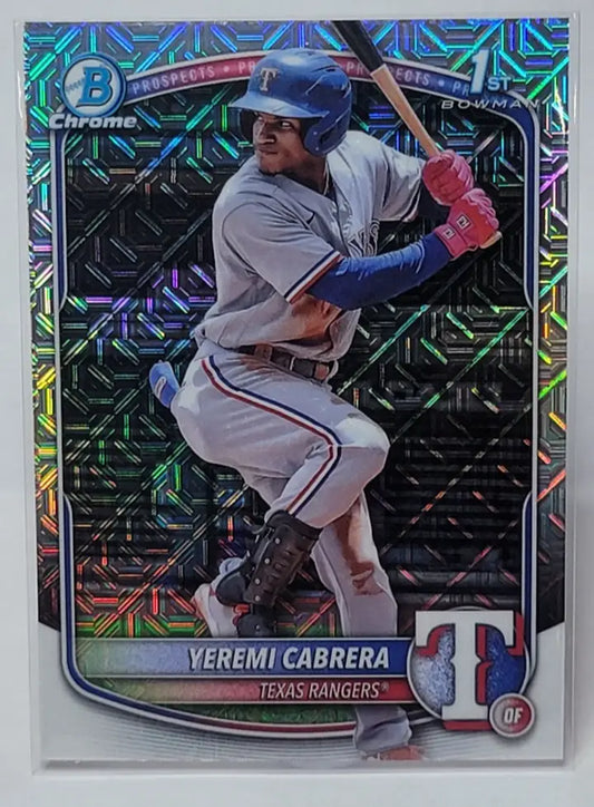 2023 Bowman Chrome Yeremi Cabrera mojo refractor baseball card in Rangers uniform from Bowman Mega Box