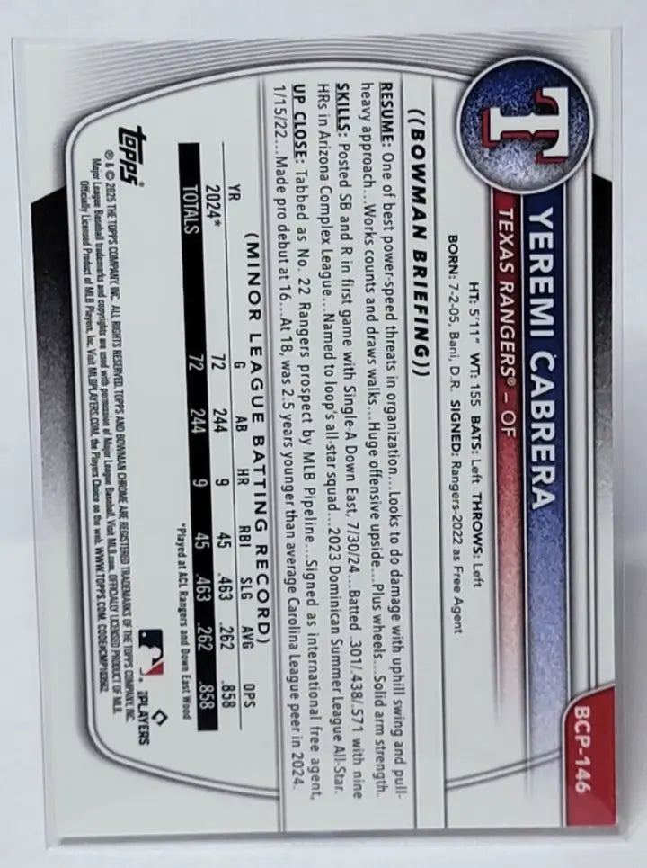 Baseball card of Yeremi Cabrera with Mojo Refractor from Bowman Mega Box