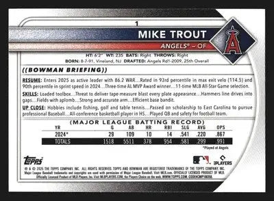 2025 Bowman Mike Trout #1 Los Angeles Angels - Baseball Card Single