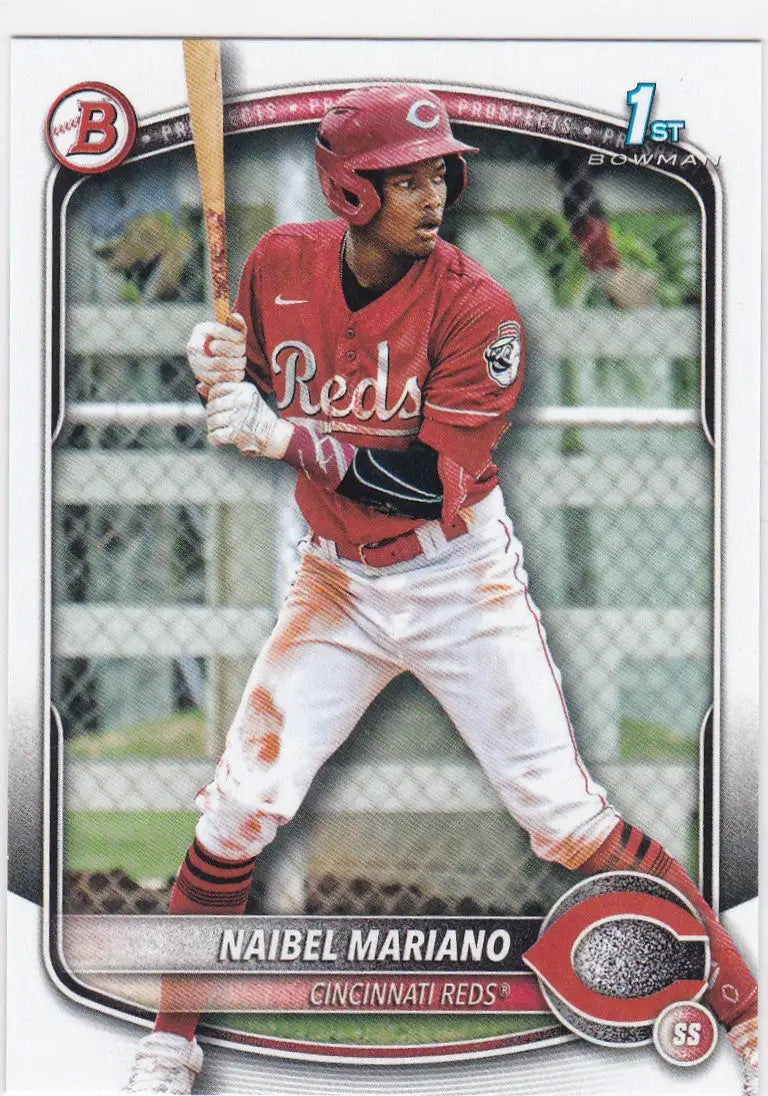 Naibel Mariano 1st Bowman baseball card from 2025 Bowman Prospect series featuring Cincinnati Reds