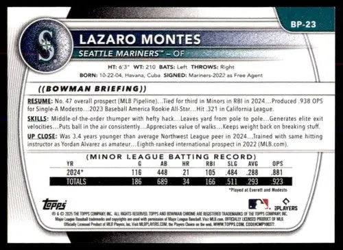 2025 Bowman Prospects #BP-23 Lazaro Montes NM-MT Mariners ID:78006 ID:78006 - Baseball Card Single