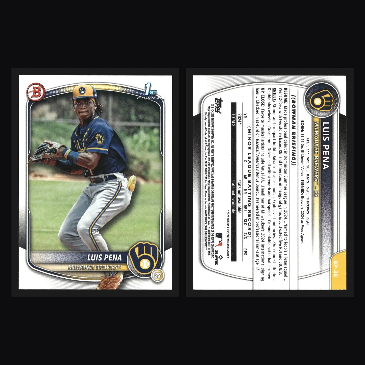 2025 Bowman Prospects Luis Pena #BP-38 Brewers 1st Bowman - Baseball Card Single