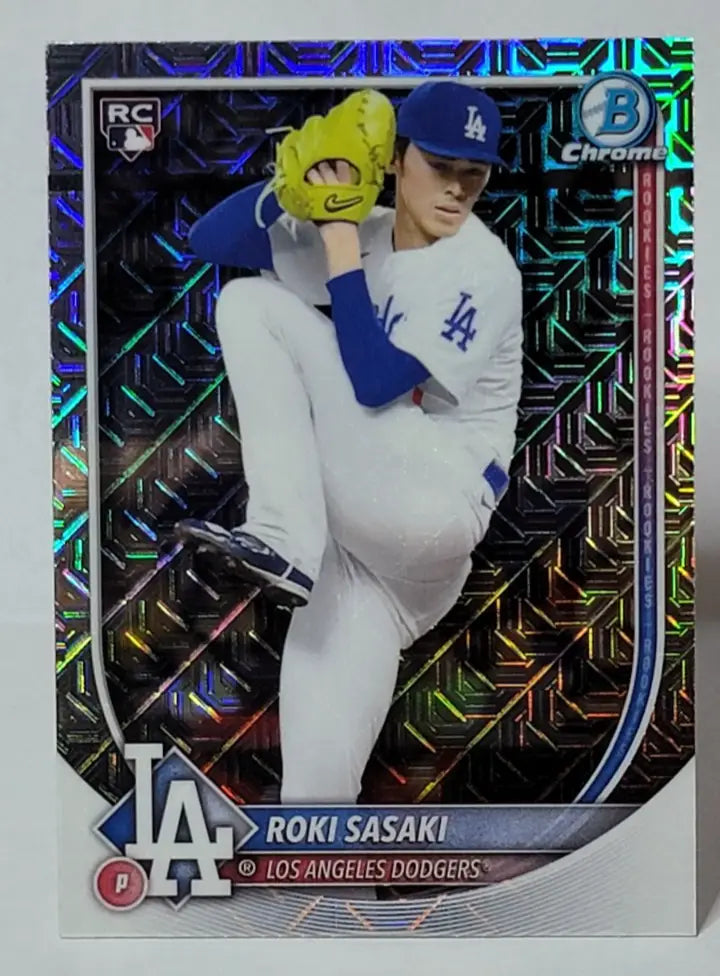 Roki Sasaki baseball card featuring 2025 Bowman Chrome Mojo Refractors Los Angeles Dodgers