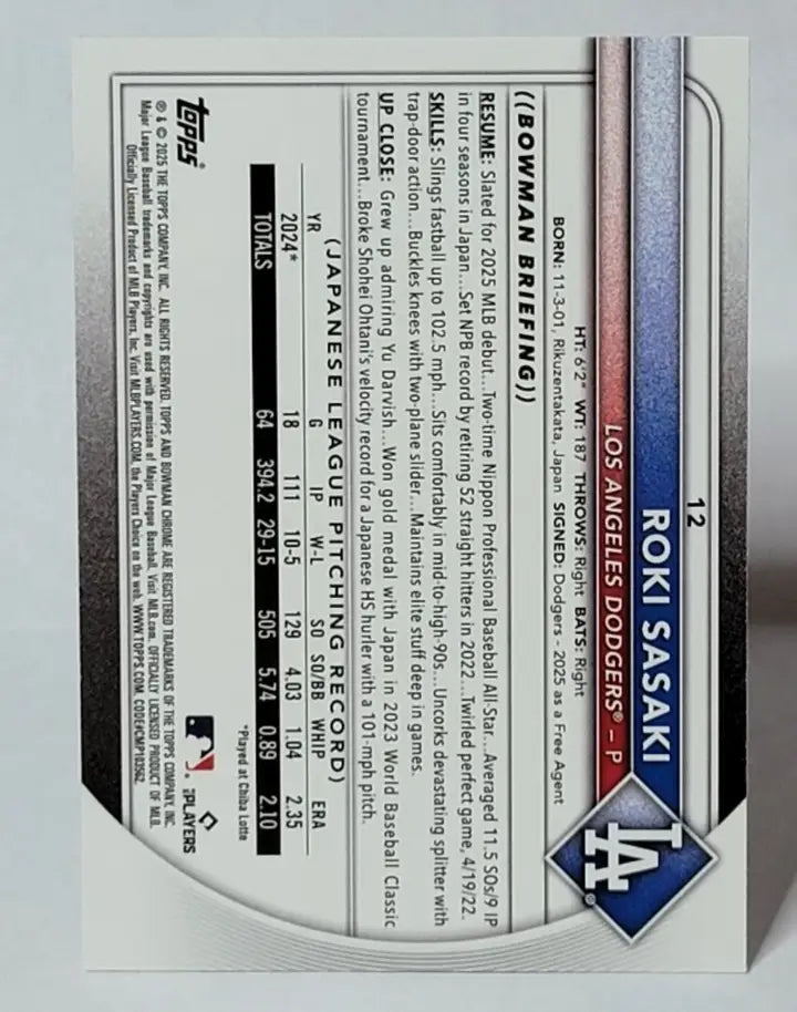 2025 Bowman Roki Sasaki Chrome Mojo Refractors Rookie Card featuring Chrome Mojo and Mojo Refractors