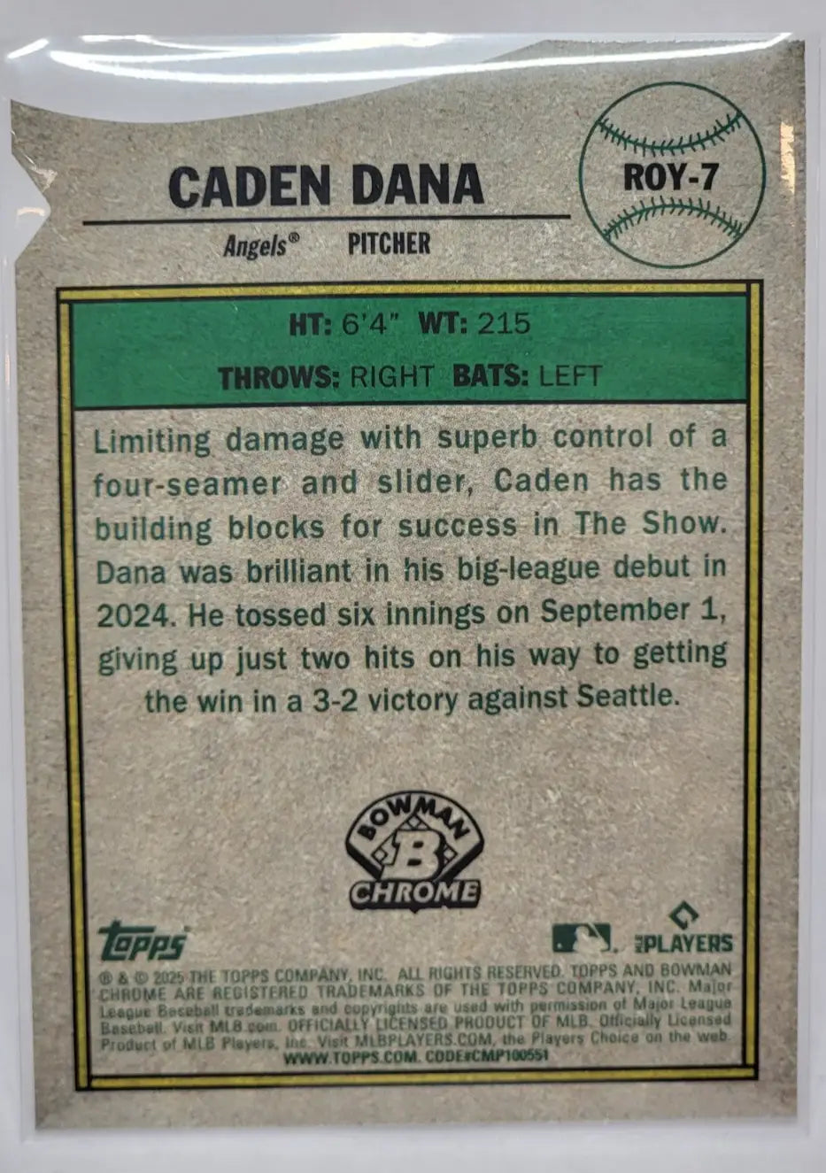 2025 Bowman Rookie of the Year Favorites - #ROY-7 Caden Dana Angels RC - Baseball Card Single