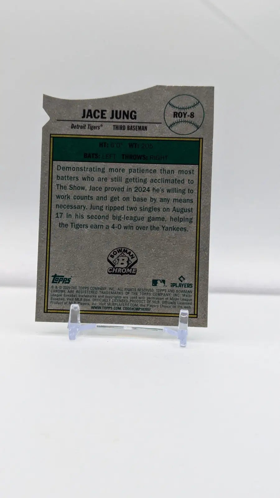 Baseball trading card of Jace Jung Rookie with Mojo Refractor in 2025 Bowman series