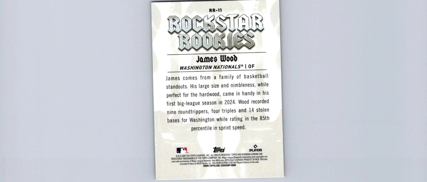 Baseball card of James Wood Rockstar Rookies 2025 Bowman #RR-11 featuring James Wood