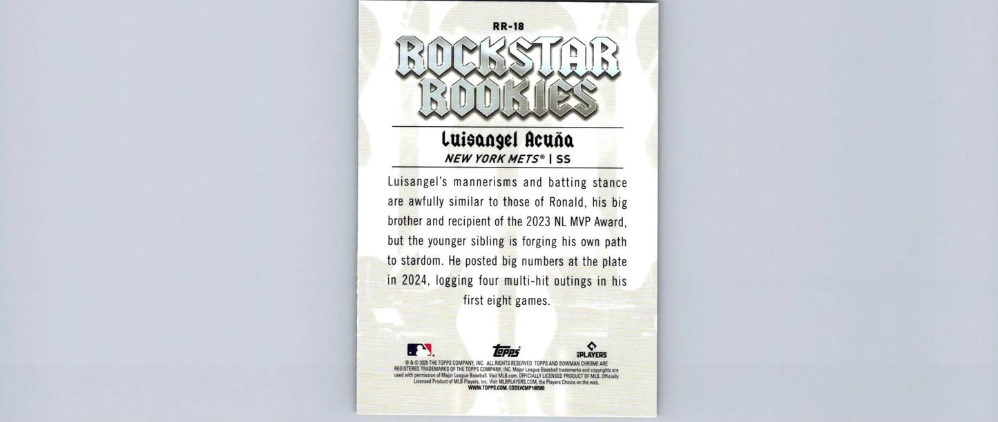 Baseball card back featuring Luisangel Acuña Rockstar Rookies 2025 Bowman #RR-18