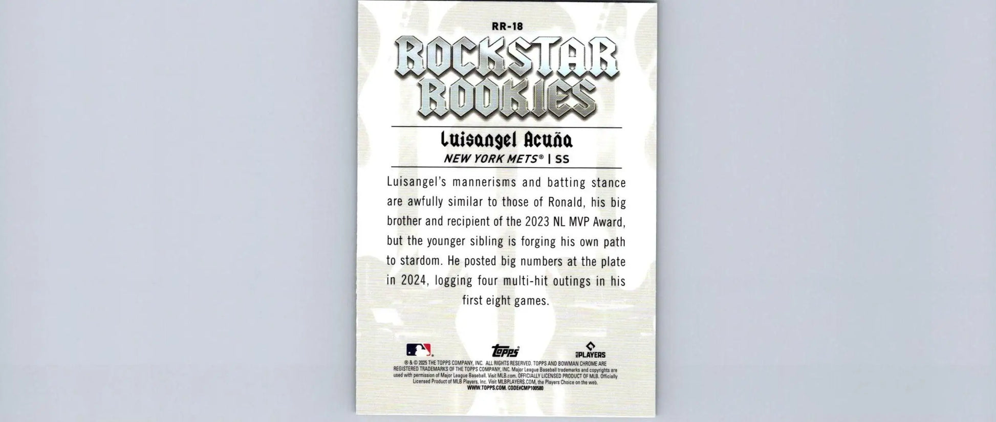 Baseball card back featuring Luisangel Acuña Rockstar Rookies 2025 Bowman #RR-18