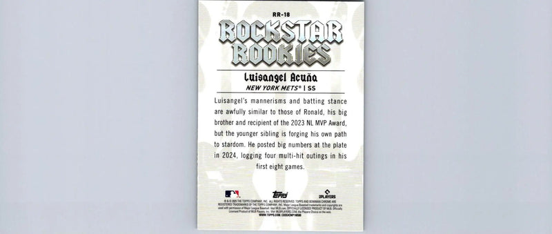 Baseball card back featuring Luisangel Acuña Rockstar Rookies 2025 Bowman #RR-18
