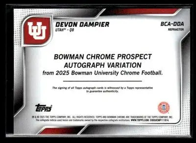 2025 Bowman U Chrome #BCA-DDA Devon Dampier Chrome Prospect Autos Refr #/299 - Football Card Single