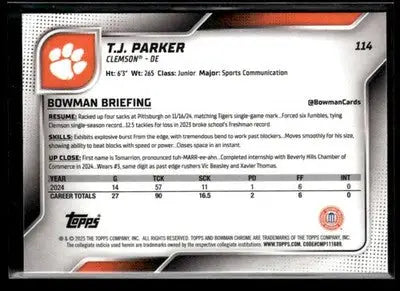 2025 Bowman University Chrome #114 T.J. Parker - Other