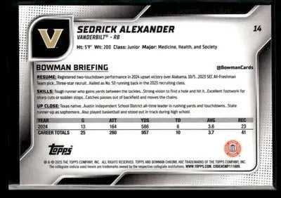 2025 Bowman University Chrome #14 Sedrick Alexander - Baseball Card Single