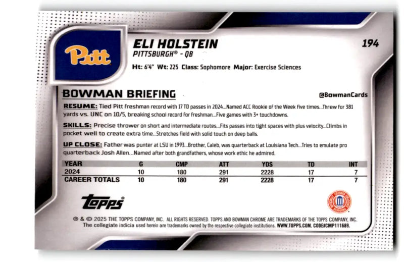 2025 Bowman University Chrome #194 Eli Holstein EX/NM ID:80423 - Baseball Card Single