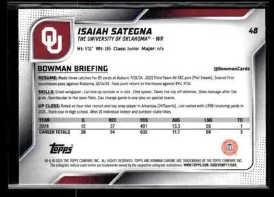 2025 Bowman University Chrome #48 Isaiah Sategna - Baseball Card Single
