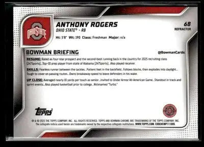 2025 Bowman University Chrome #68 Anthony Rogers Refractor - Other