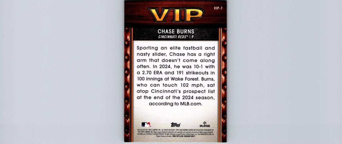 Chase Burns baseball card from 2025 Bowman VIP-7 showcasing important prospects