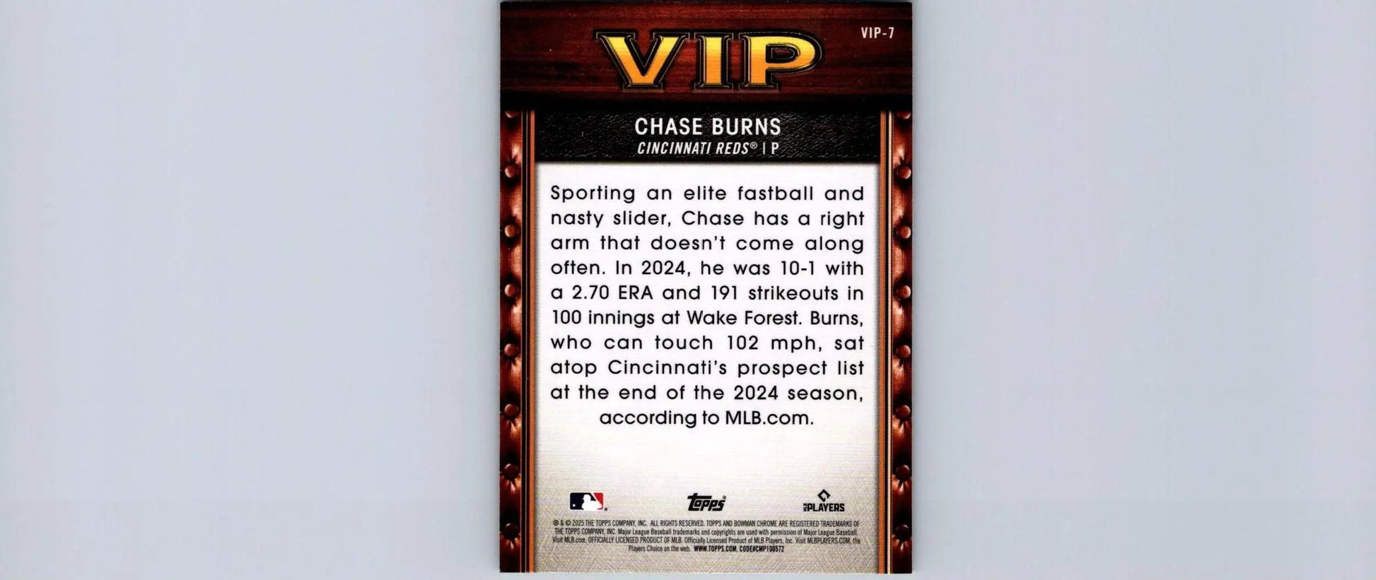 Chase Burns baseball card from 2025 Bowman VIP-7 showcasing important prospects